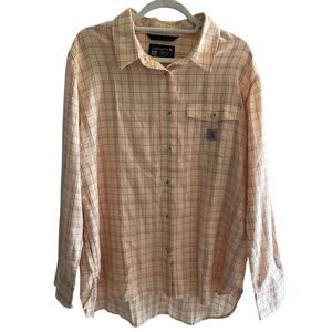 Carhartt Women’s Plaid Button Up Tunic Top Sz Large 12 14 Loose Fit Pockets